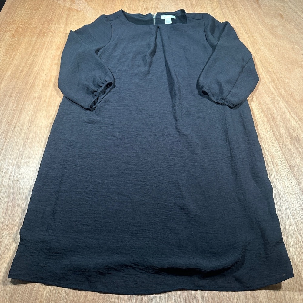 H&M Shift Dress Women Size 8 Black Crepe 3/4 Sleeve Exposed Zipper LBD